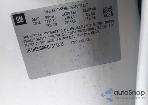 2016 Chevrolet Cruze Lt Auto из США, поврежденный, VIN 1G1BE5SM6G7314866